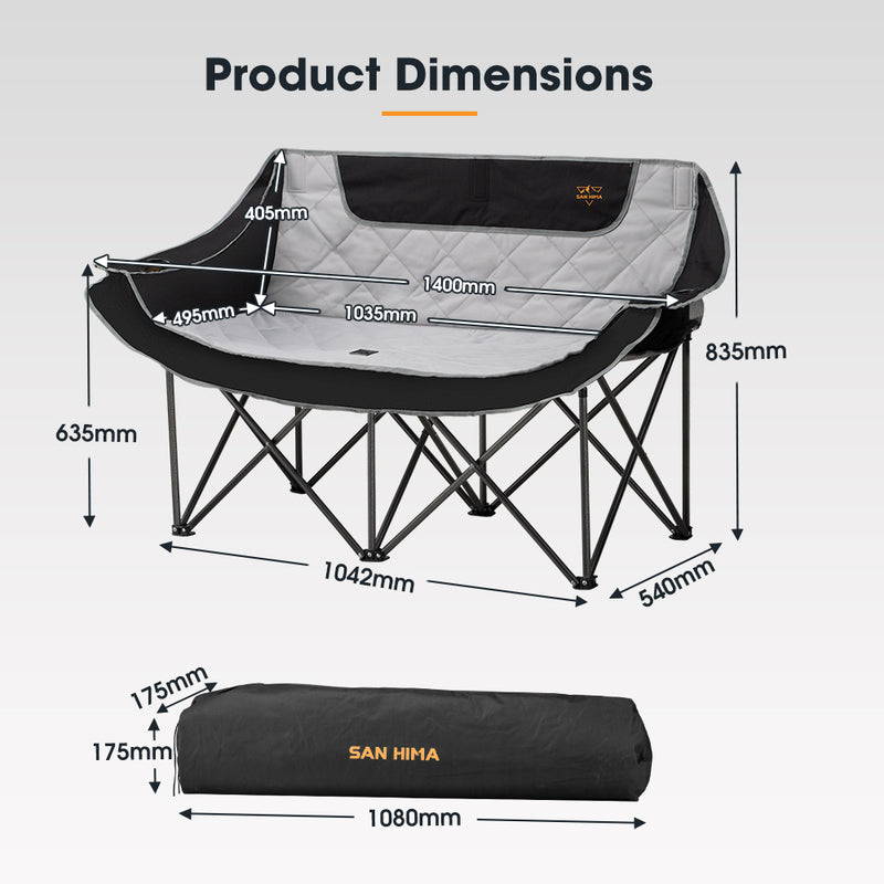 San Hima Folding Double Camping Chair Outdoor Portable Moon Chair 2 Seater Black