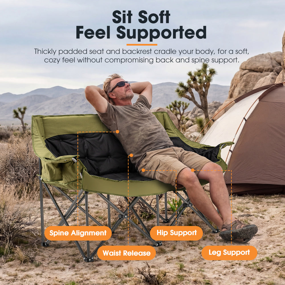 San Hima Double Camping Chair Padded Portable Folding Moon Chair Outdoor Green