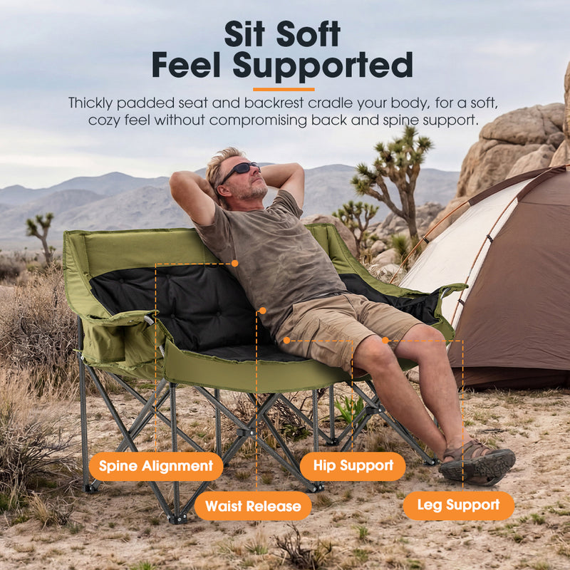 San Hima Double Camping Chair Padded Portable Folding Moon Chair Outdoor Green