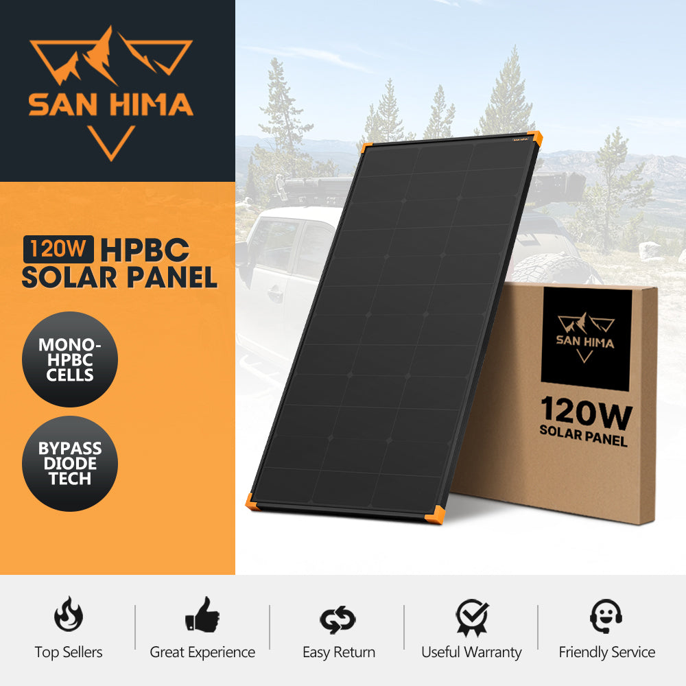 San Hima 120W Mono-HPBC Solar Panel Bypass Fixed Power Camping Caravan Battery