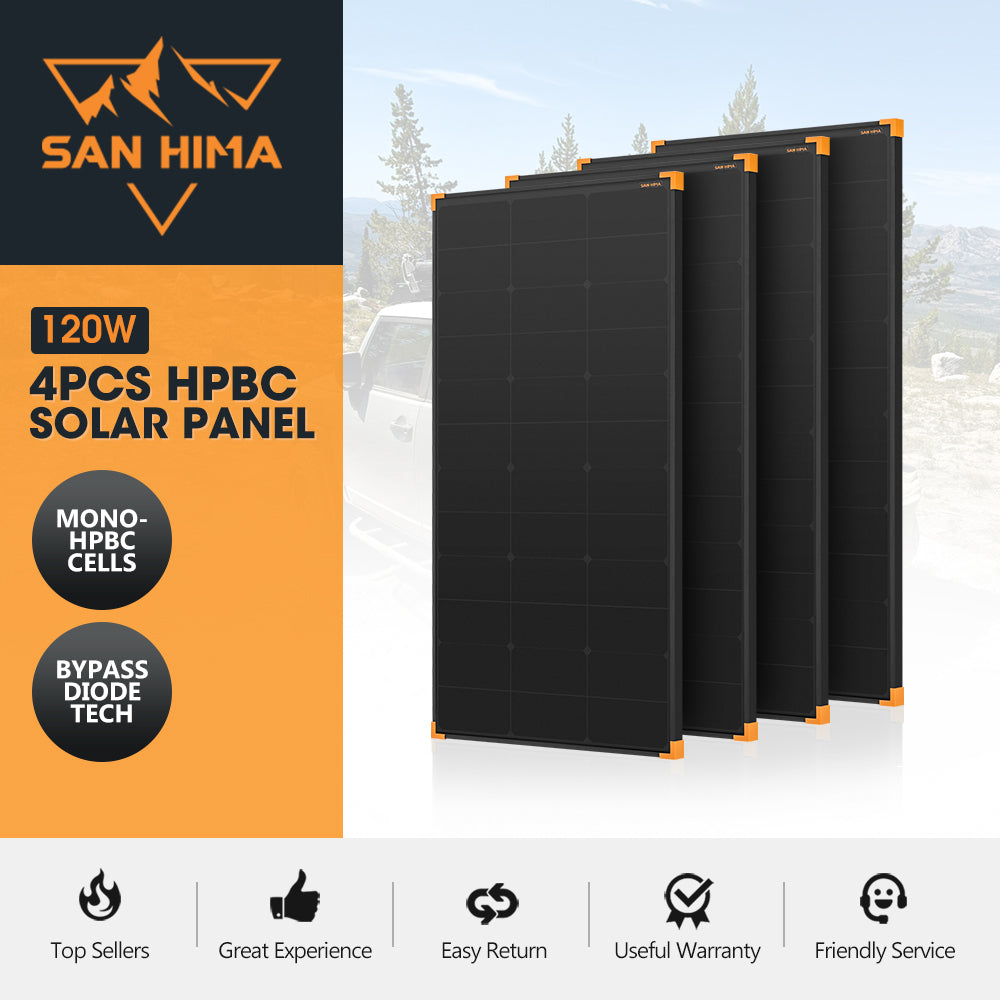 San Hima 4X 120W Mono-HPBC Fixed Solar Panel Power Bypass Camping Caravan