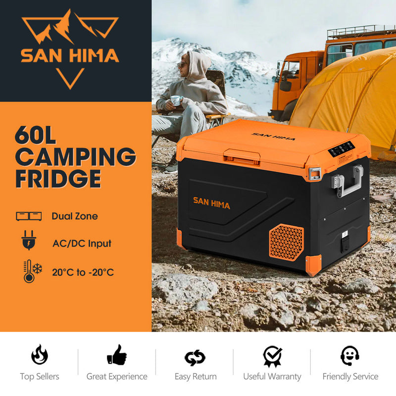 San Hima Portable Camping Fridge Freezer 60L Dual Zone Caravan Car Cooler 4WD
