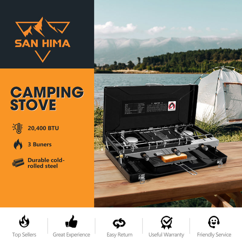 San Hima Camping Gas Stove Portable 3-Burner Outdoor BBQ Cooking 20400 BTU