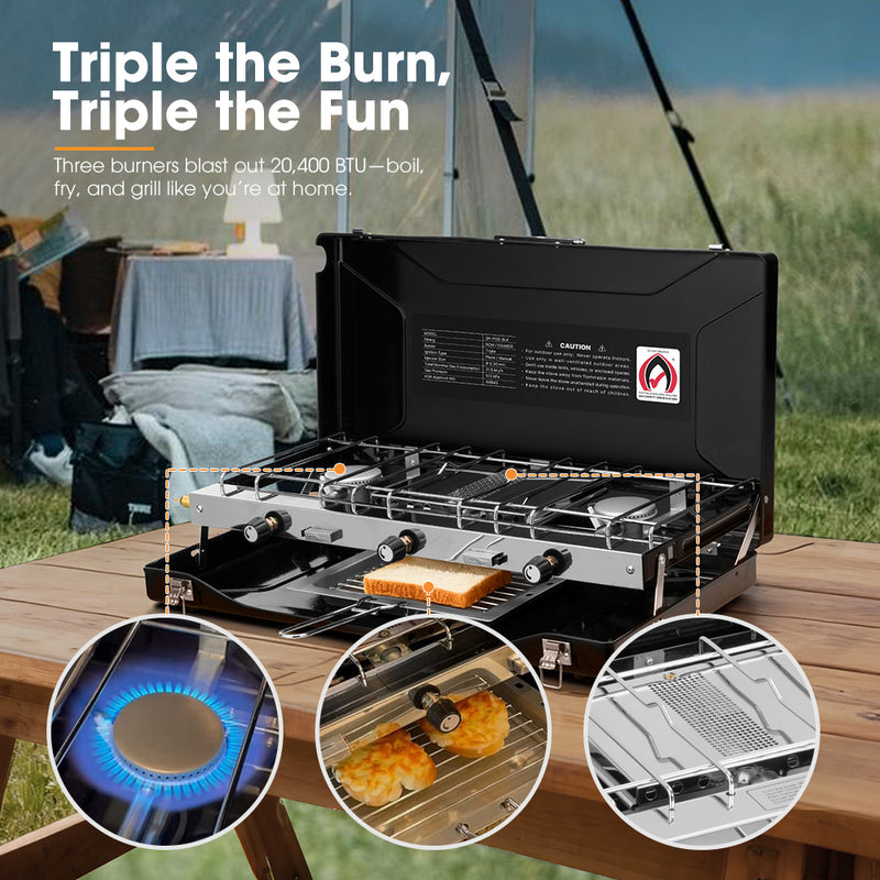 San Hima Camping Gas Stove Portable 3-Burner Outdoor BBQ Cooking 20400 BTU