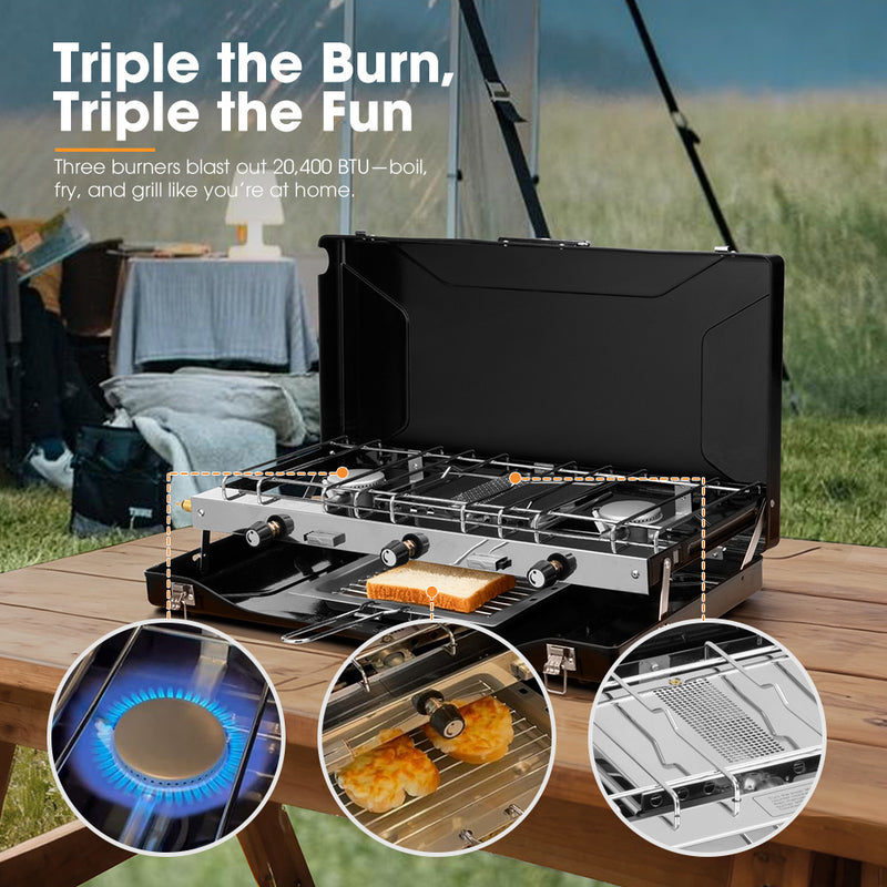 San Hima Camping Gas Stove Portable 3-Burner Outdoor BBQ Cooking 20400 BTU