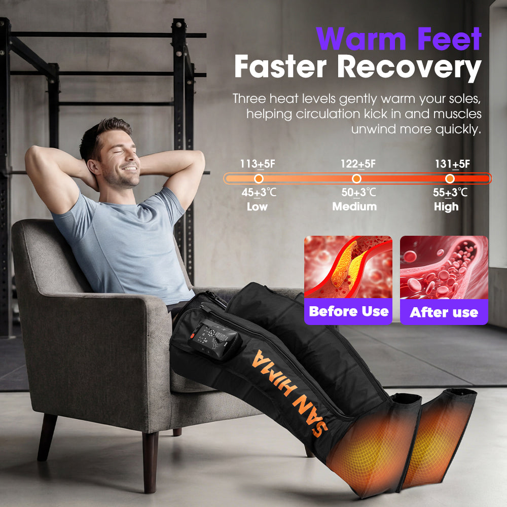 San Hima Air Compression Recovery Boots Cordless Leg Massager 3 Foot Heat Large