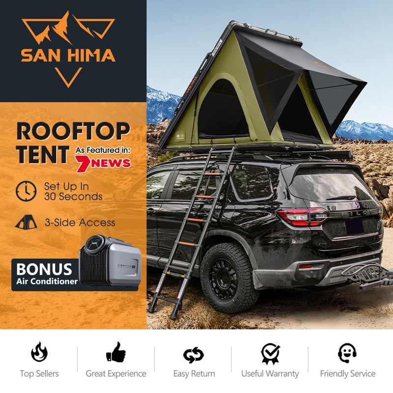 San Hima Kalbarri Lite Gen 2 Rooftop Tent Olive & Rack + Cybertake Air Conditioner S2 Pro