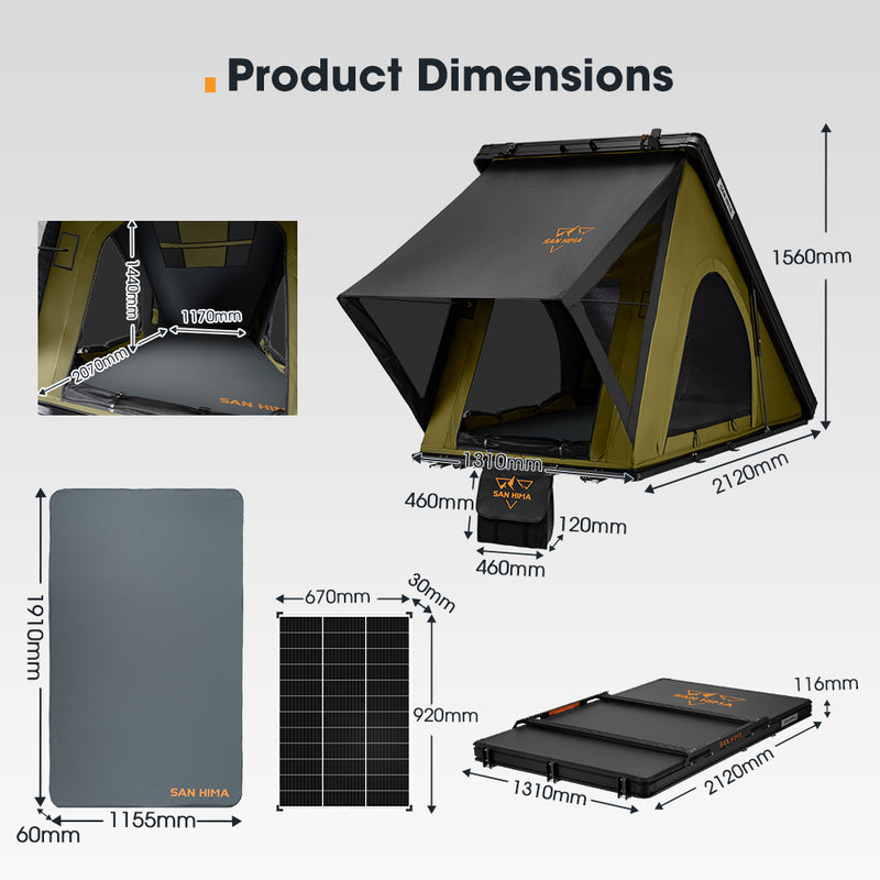 San Hima Kalbarri Lite Gen 2 Rooftop Tent Olive+130W Solar Panel+Ladder&Rack