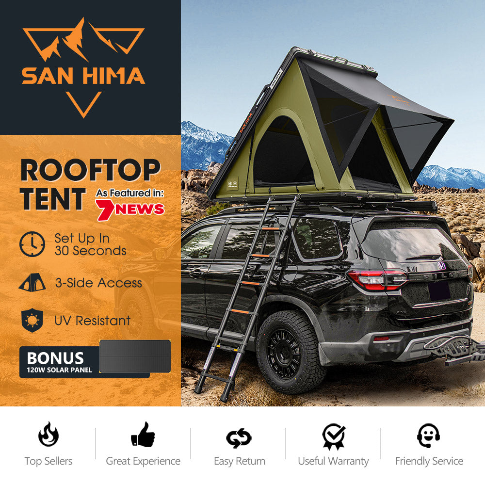 San Hima Kalbarri Lite Gen 2 Rooftop Tent Olive+120W Solar Panel+Ladder&Rack