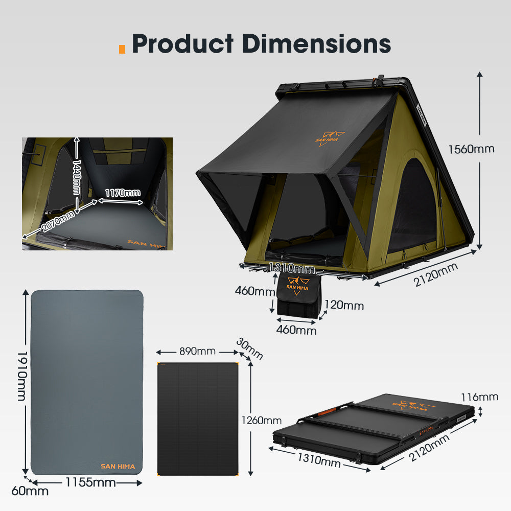 San Hima Kalbarri Lite Gen 2 Rooftop Tent Olive+200W Shingled Solar Panel+Rack