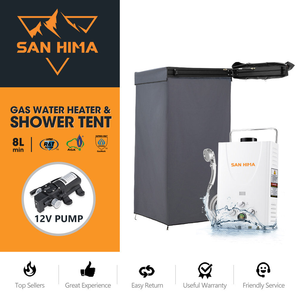 San Hima Shower Awning Tent Instant Fold-Out Ensuite & 8L Gas Hot Water Heater White