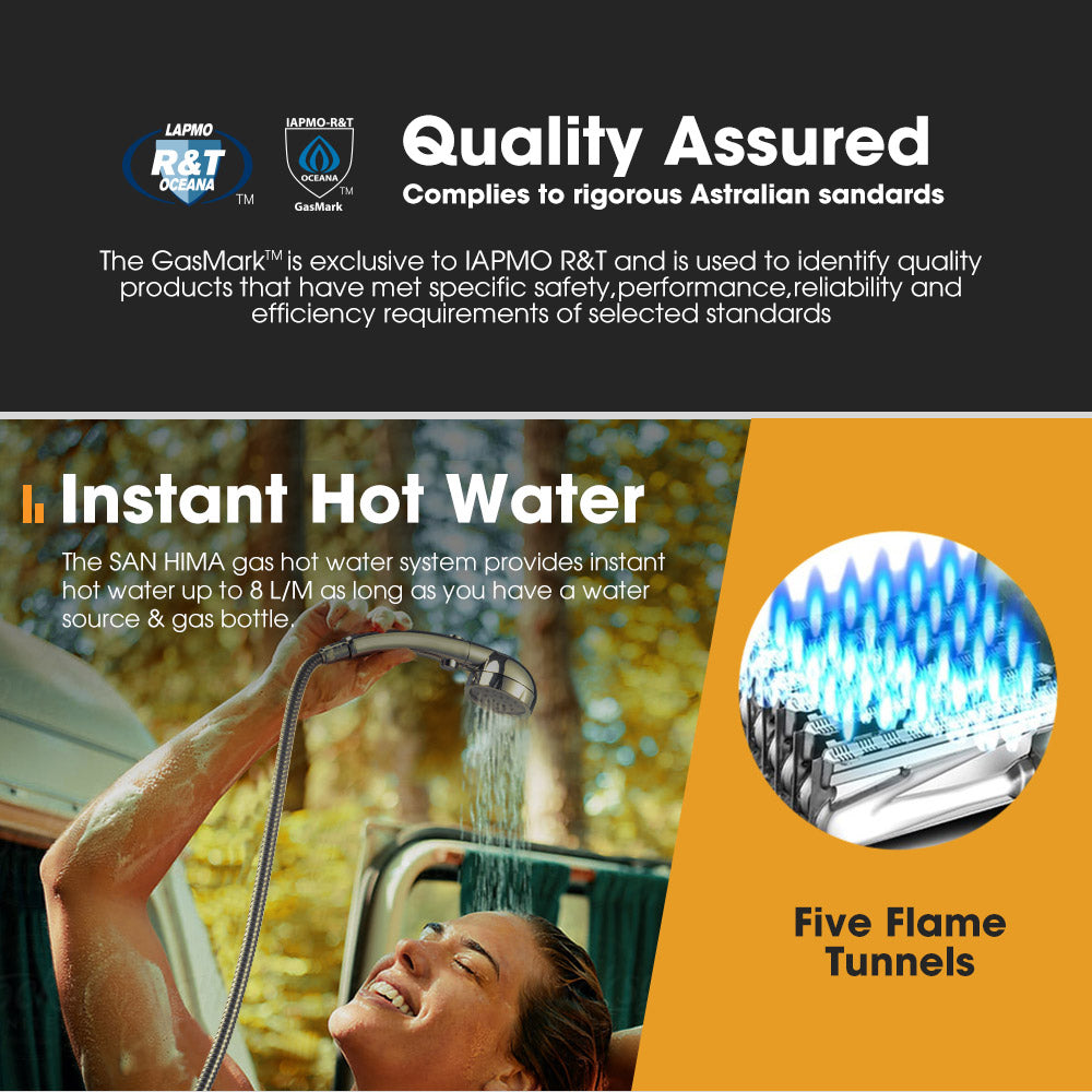 San Hima Shower Awning Tent Instant Fold-Out Ensuite & 8L Gas Hot Water Heater White