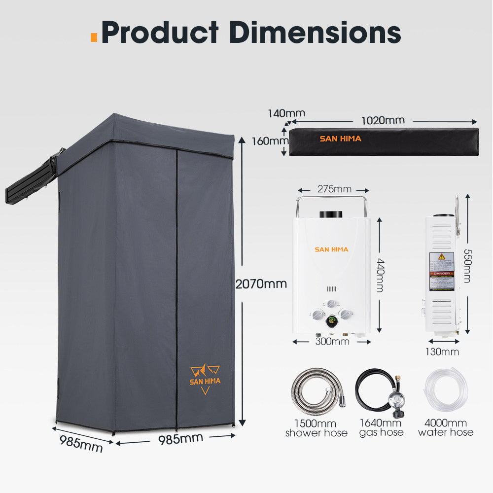 San Hima Shower Awning Tent Instant Fold-Out Ensuite & 8L Gas Hot Water Heater White