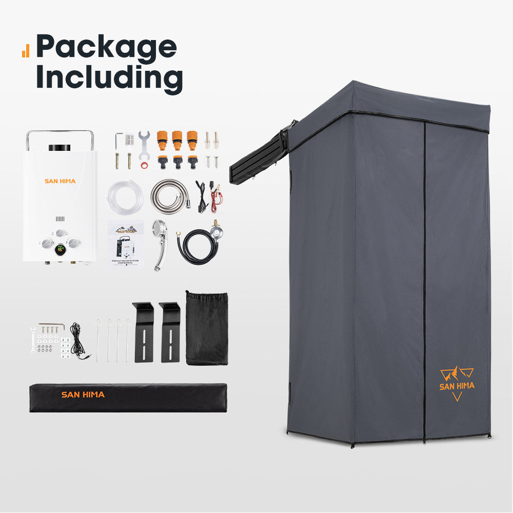 San Hima Shower Awning Tent Instant Fold-Out Ensuite & 8L Gas Hot Water Heater White