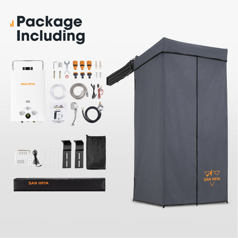 San Hima Shower Awning Tent Instant Fold-Out Ensuite & 8L Gas Hot Water Heater White