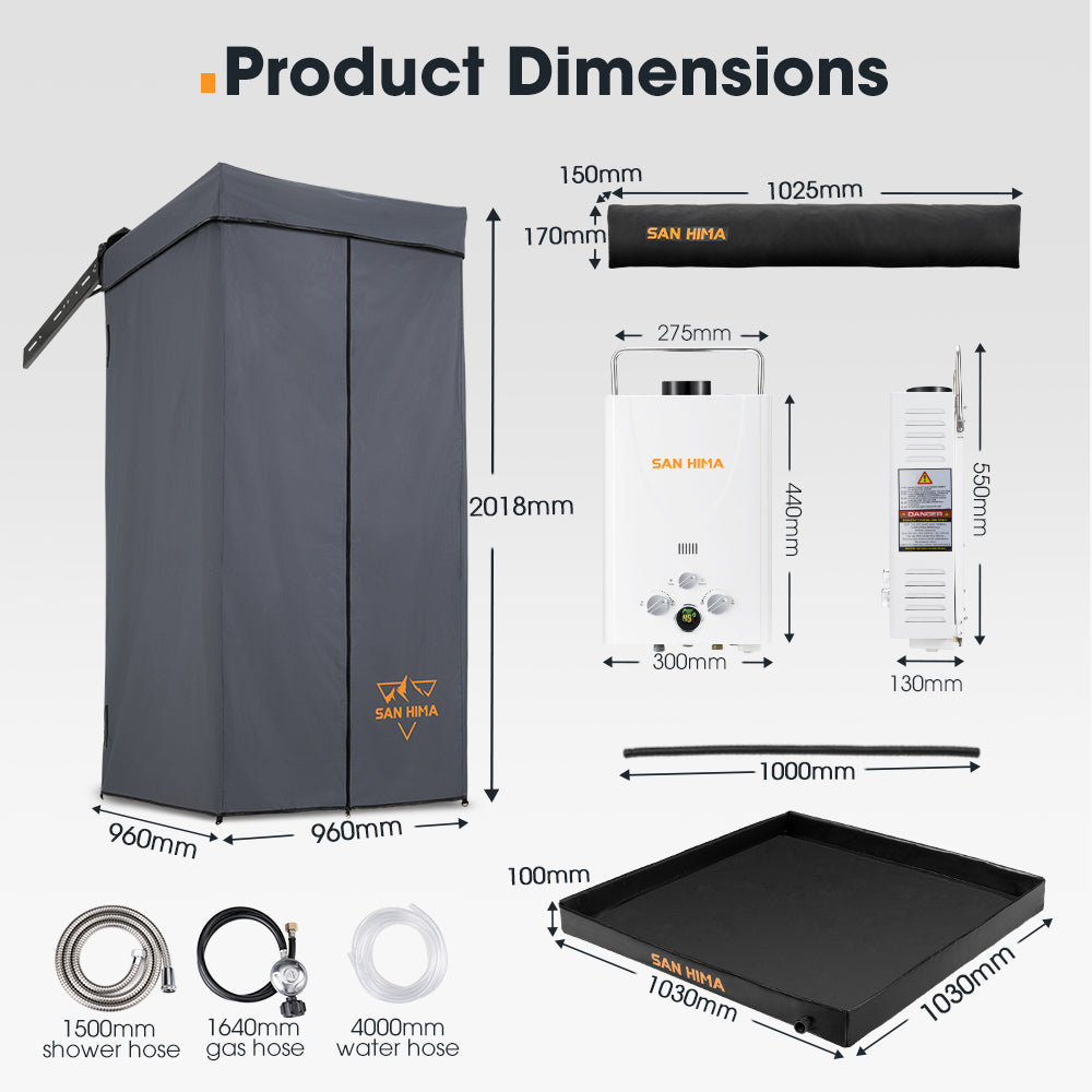 San Hima Shower Awning Instant Tent &Gas Hot Water Heater White&Shower Tent Base