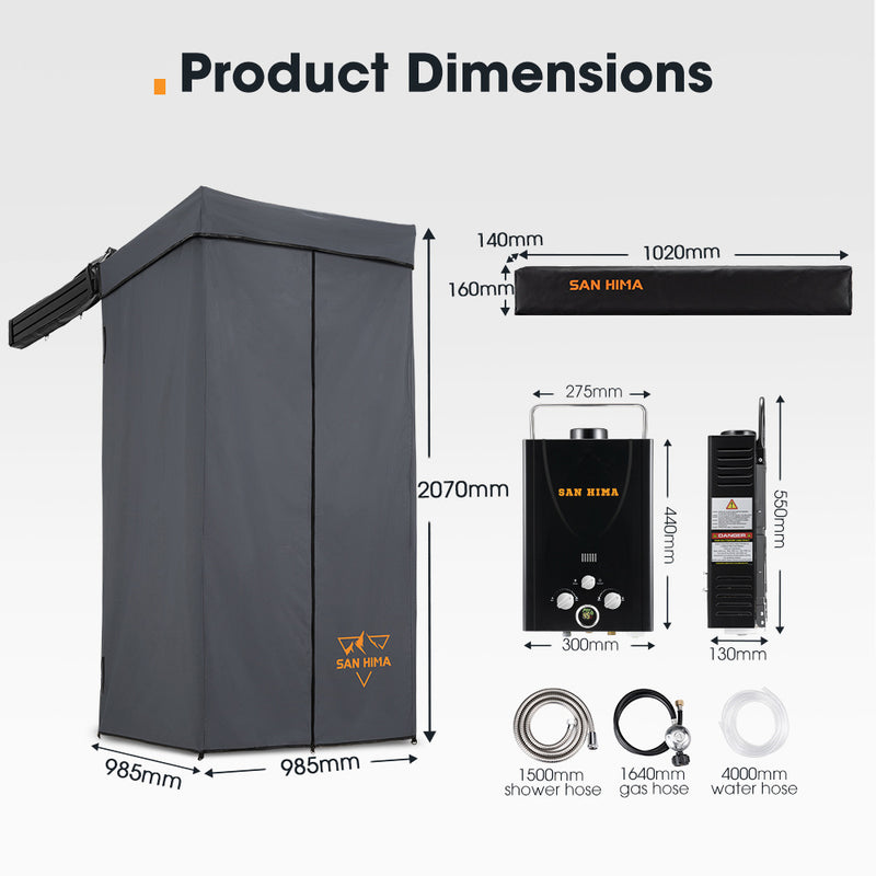 San Hima Shower Awning Tent Instant Ensuite Fold-Out & 8L Gas Hot Water Heater Black