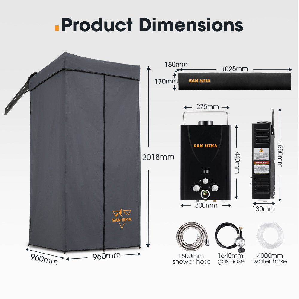 San Hima Shower Awning Tent Instant Ensuite Fold-Out & 8L Gas Hot Water Heater