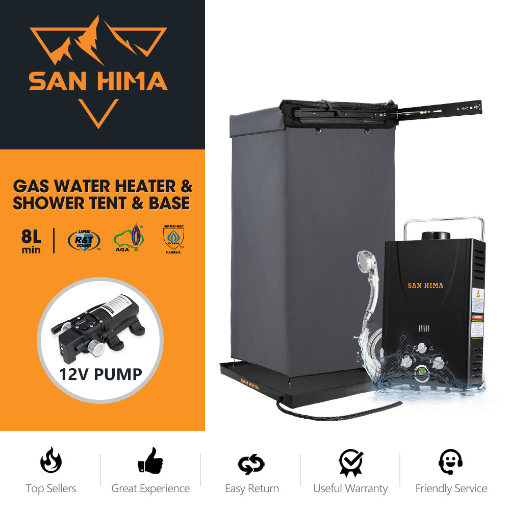 San Hima Shower Awning Instant Tent &Gas Hot Water Heater Black&Shower Tent Base
