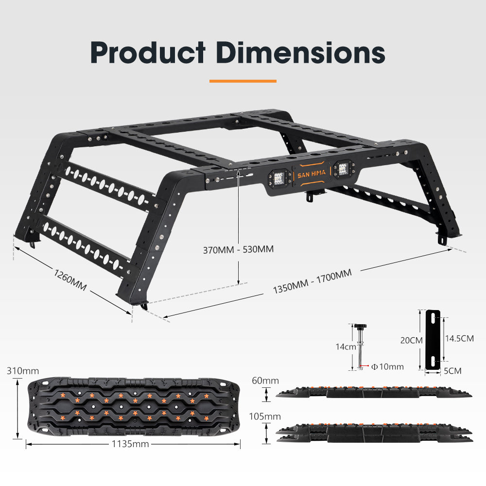 San Hima Universal Ute Tub Rack Steel 3mm + Pair Recovery Tracks 15T Board Black