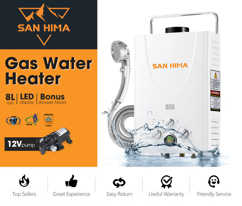SAN HIMA Portable Gas Hot Water Heater System 8L White