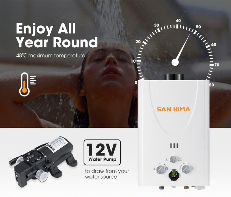 SAN HIMA Portable Gas Hot Water Heater System 8L White