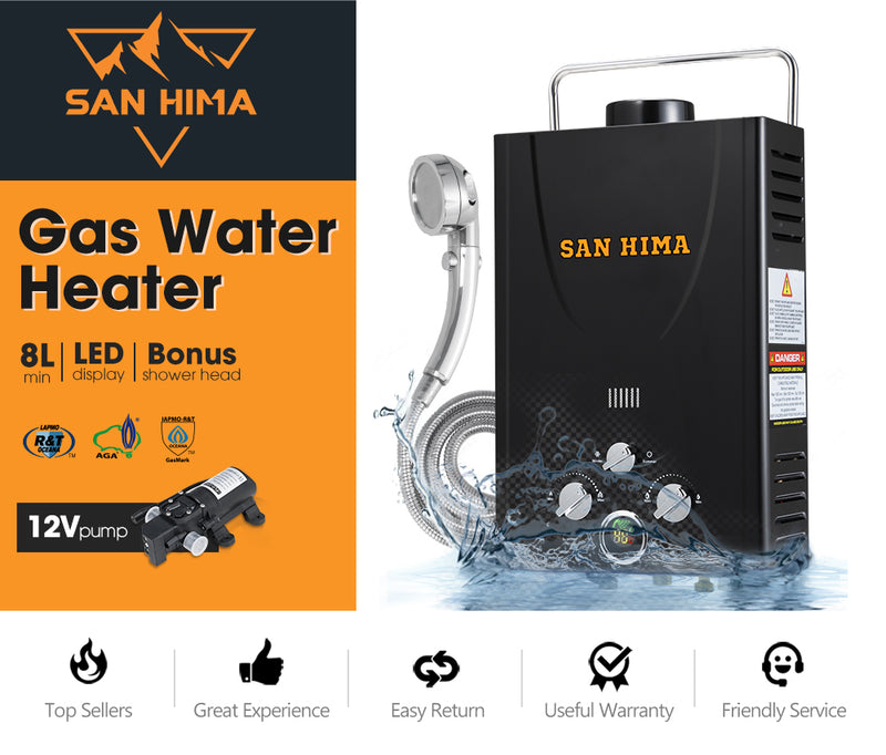 SAN HIMA Portable Gas Hot Water Heater System Caravan Outdoor Camping Shower 8L Black