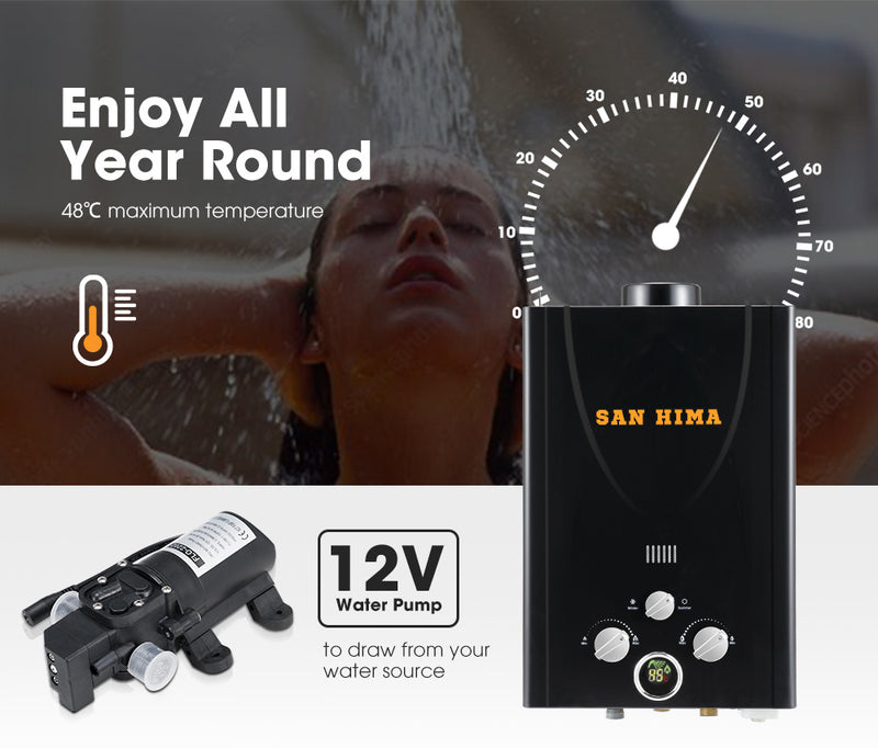 SAN HIMA Portable Gas Hot Water Heater System Caravan Outdoor Camping Shower 8L Black