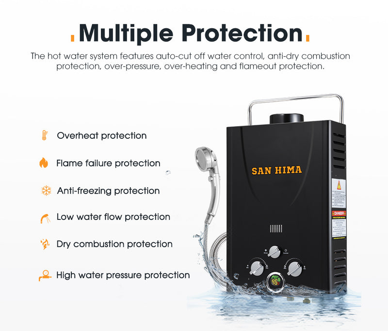 SAN HIMA Portable Gas Hot Water Heater System Caravan Outdoor Camping Shower 8L Black