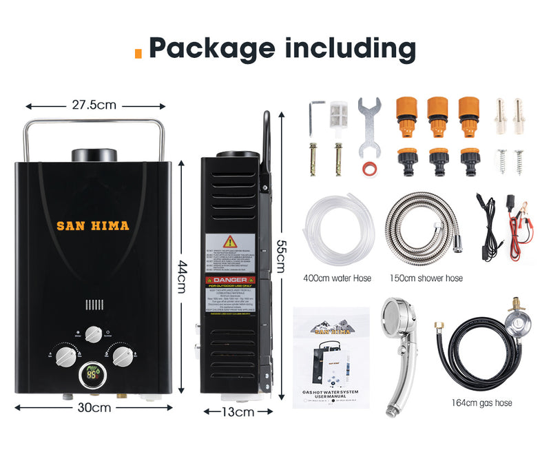SAN HIMA Portable Gas Hot Water Heater System Caravan Outdoor Camping Shower 8L Black