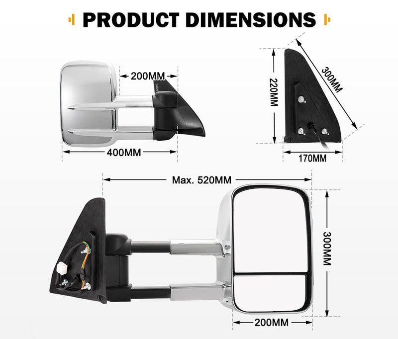 San Hima Extendable Towing Mirrors for Toyota Prado 120 Series 2002-2009