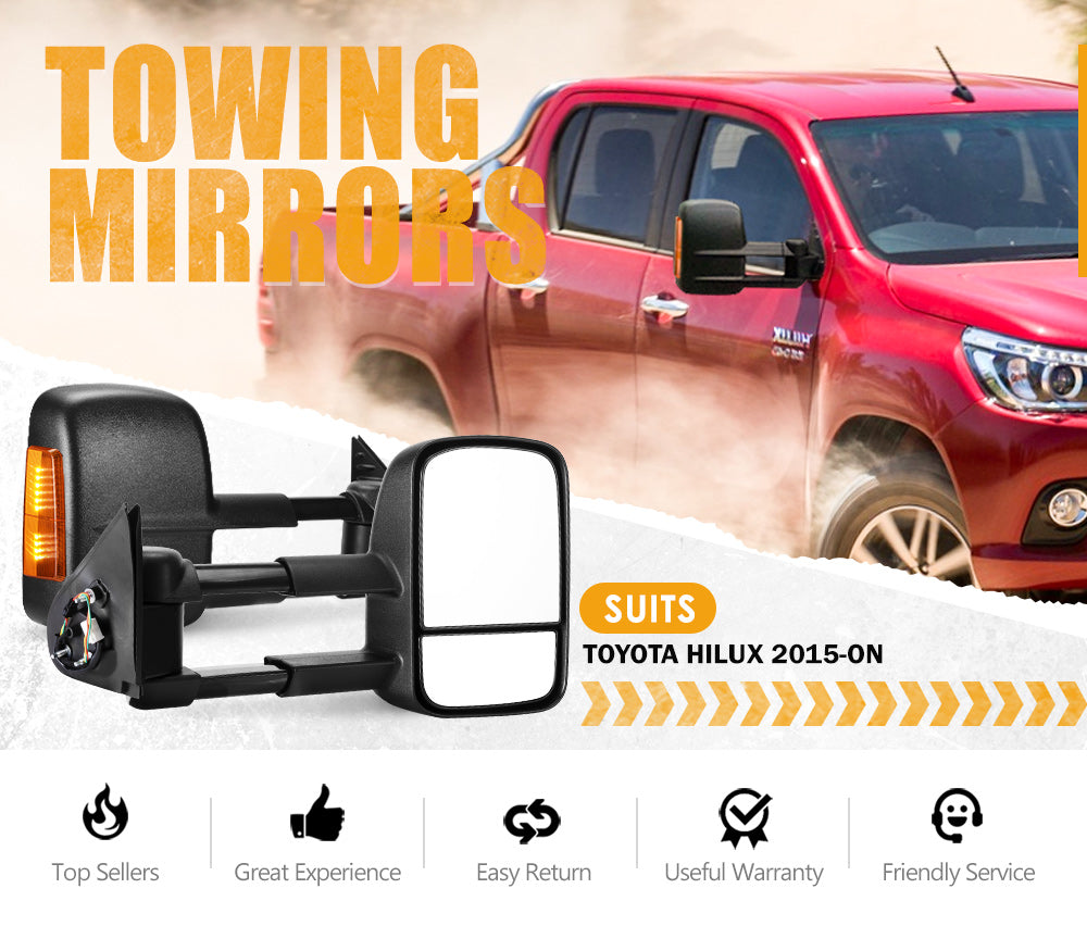 Pair Extendable Towing Mirrors Gen1 for Toyota HILUX 2015-ON N80 Black