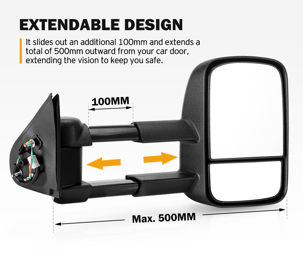 Pair Extendable Towing Mirrors Gen1 for Toyota HILUX 2015-ON N80 Black