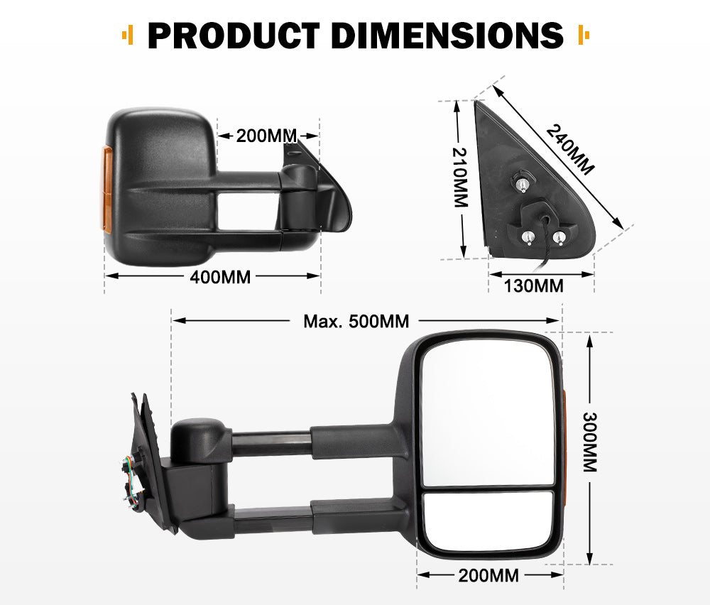 Pair Extendable Towing Mirrors Gen1 for Toyota HILUX 2015-ON N80 Black