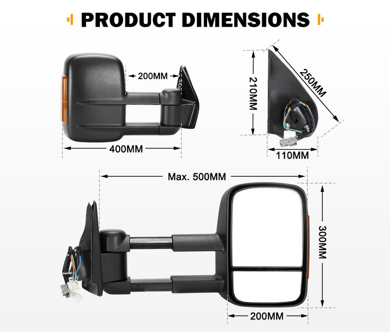 Pair Extendable Towing Mirrors Gen1 for Holden Rodeo 2003-2008 Black