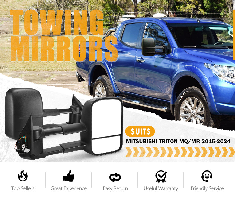 Pair Extendable Towing Mirrors for Gen1 Mitsubishi Triton MQ/MR 2015 -  2024 Black