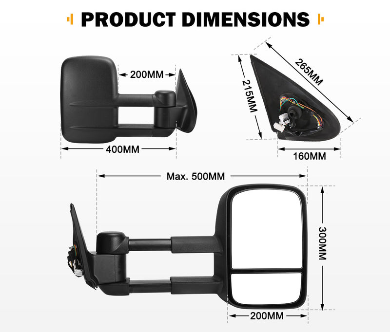 Pair Extendable Towing Mirrors for Gen1 Mitsubishi Triton MQ/MR 2015 -  2024 Black