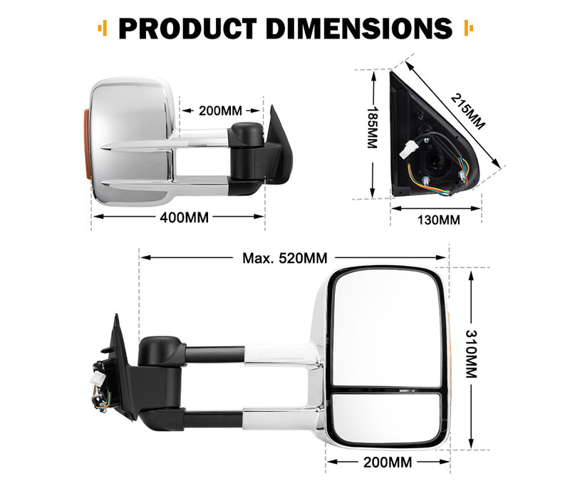 SAN HIMA Extendable Towing Mirrors Gen1 fit Nissan Navara D23 NP300 2015-On Chrome