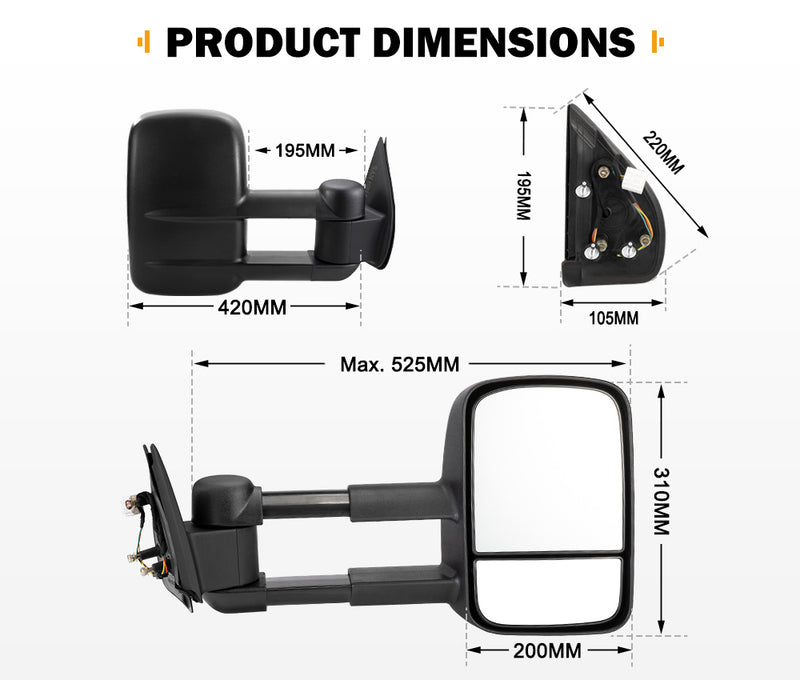 San Hima Pair Extendable Towing Mirrors Gen1 Fit Ford Ranger 2009-2011