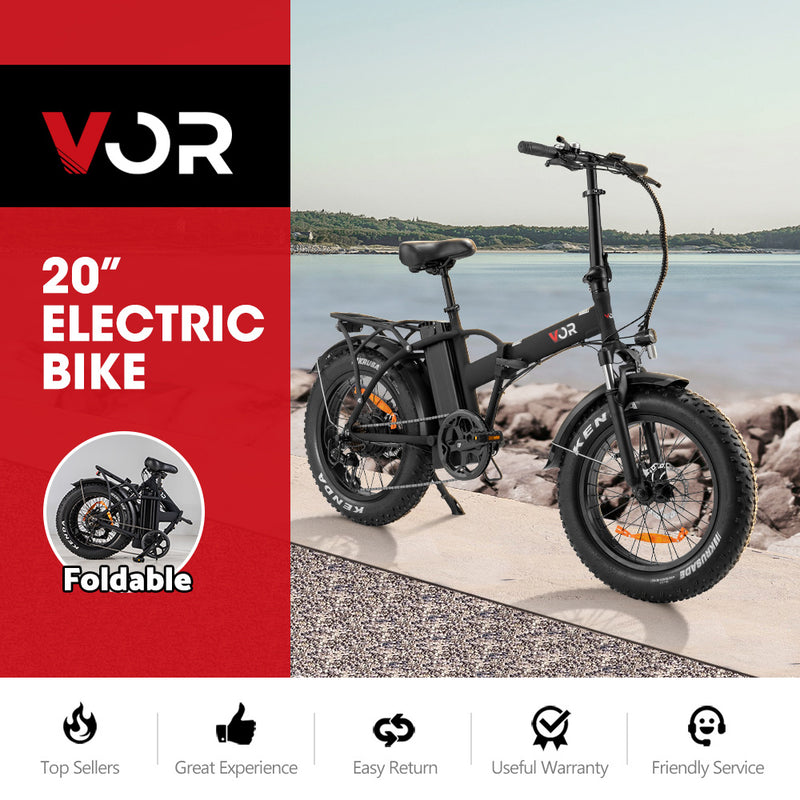 VOR 20 inch Folding Electric Bike 250W Brushless Shimano 4 inch Fat Tires 7 Speed Black