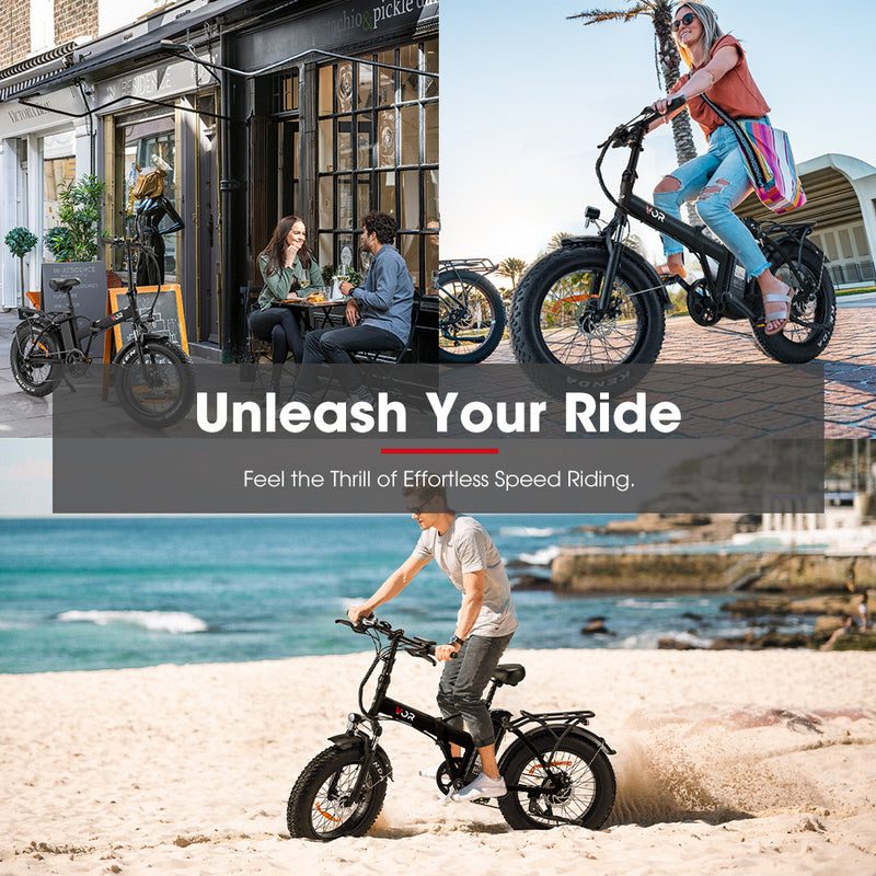 VOR 20 inch Folding Electric Bike 250W Brushless Shimano 4 inch Fat Tires 7 Speed Black
