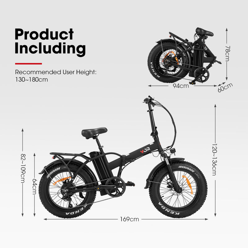 VOR 20 inch Folding Electric Bike 250W Brushless Shimano 4 inch Fat Tires 7 Speed Black