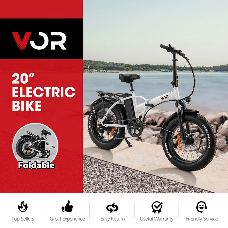 VOR 20 inch Folding Electric Bike 250W Brushless Shimano 4 inch Fat Tires 7 Speed White