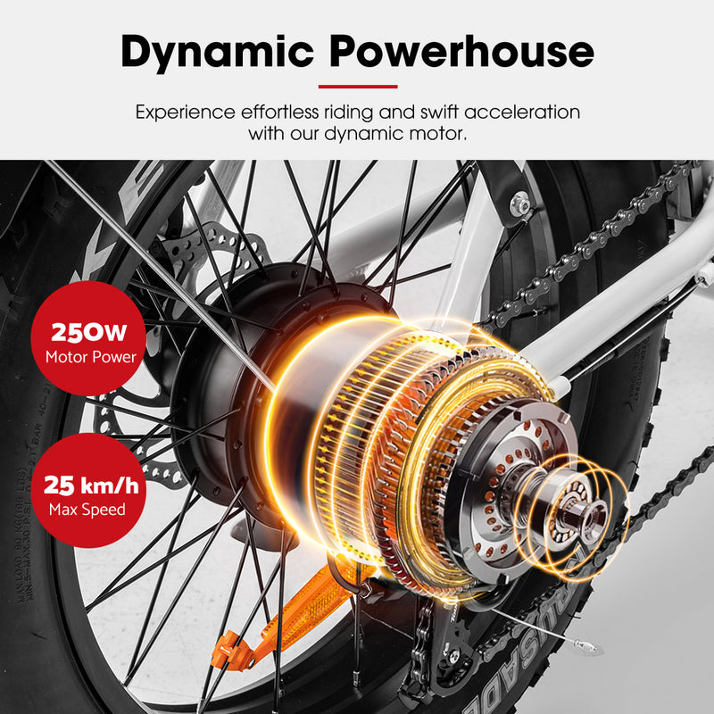 VOR 20 inch Folding Electric Bike 250W Brushless Shimano 4 inch Fat Tires 7 Speed White