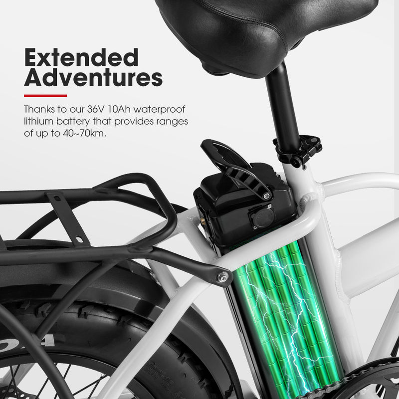 VOR 20 inch Folding Electric Bike 250W Brushless Shimano 4 inch Fat Tires 7 Speed White