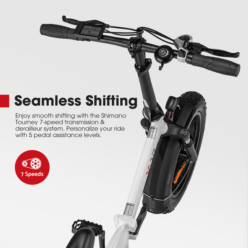 VOR 20 inch Folding Electric Bike 250W Brushless Shimano 4 inch Fat Tires 7 Speed White