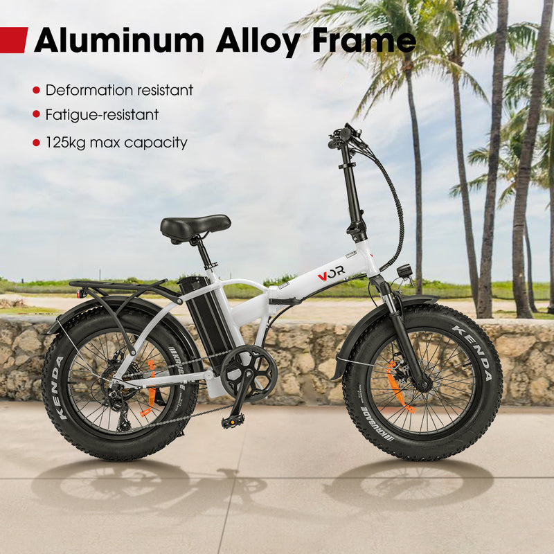 VOR 20 inch Folding Electric Bike 250W Brushless Shimano 4 inch Fat Tires 7 Speed White