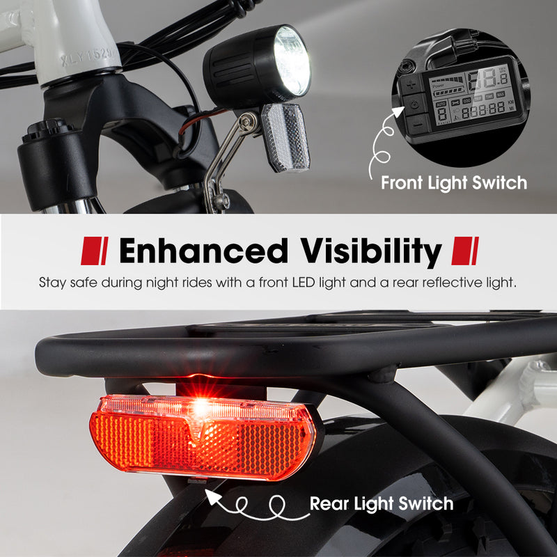 VOR 20 inch Folding Electric Bike 250W Brushless Shimano 4 inch Fat Tires 7 Speed White