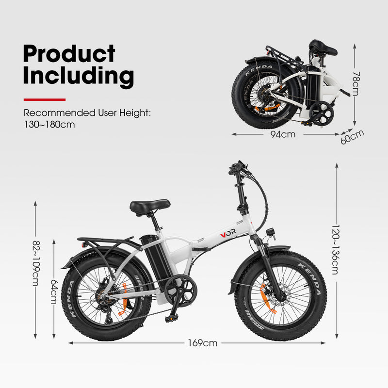 VOR 20 inch Folding Electric Bike 250W Brushless Shimano 4 inch Fat Tires 7 Speed White